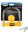 Heavy Duty Universal Trailer Coupler Lock in yellow with adjustable steel shackle for secure towing, 9x9x3 inch size.
