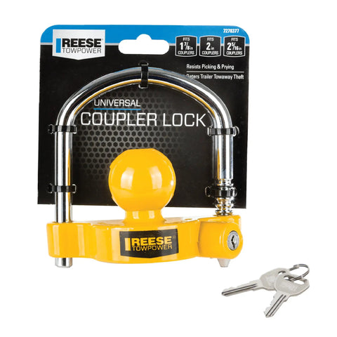 Heavy Duty Universal Trailer Coupler Lock in yellow with adjustable steel shackle for secure towing, 9x9x3 inch size.