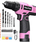 12V Pink Cordless Drill Kit With Battery And Charger, 3/8 Inch Keyless Chuck, drill bits, LED work light, torque settings