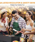 Group of friends using Two Burner Camping Stove With Up To 130,000 BTU Per Burner Heavy Duty Outdoor Gas Stove at a tailgating event.