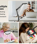 5X Magnifying Lamp With Clamp And Dimmable LED Light for hobby crafts and reading, showing multiple uses in workspaces.