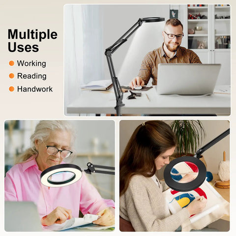5X Magnifying Lamp With Clamp And Dimmable LED Light for hobby crafts and reading, showing multiple uses in workspaces.