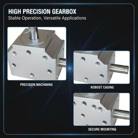 Compact Heavy Duty Right Angle Gearbox Featuring Three Output Shafts For Smooth Low Noise Power Transfer Under Two Thousand Rpm Workshop Builds close-up of precision machined robust casing.