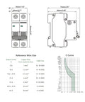 Technical diagram of 32 Amp AC Miniature Circuit Breaker, 2 Pole DIN Rail Mount with dimensions, wire size chart, and C curve graph.