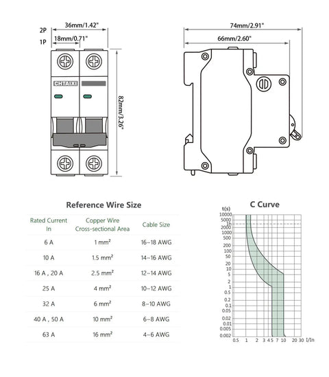 AC Miniature Circuit Breaker 16 Amp 120V To 240V One Pole Curve C Magnetic Trip Overload And Short Circuit Protection Silver Alloy Contacts Flame Retardant Shell Easy Control And Isolation, front and side dimensions