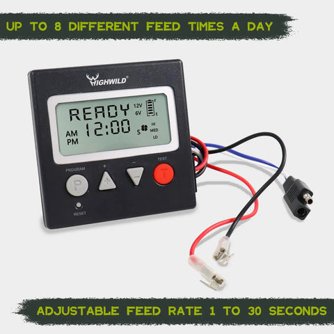 Highwild 6 Volt Digital Deer Feeder Control Unit With Motor And Spinner Plate Powder Coated Steel Housing Universal Fit Most Barrels Includes Timer Drop Funnel And Protective Cover For Reliable Wild Turkey Food Plot Management