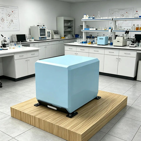 Laboratory with blue equipment on wooden platform, surrounded by lab counters and instruments.