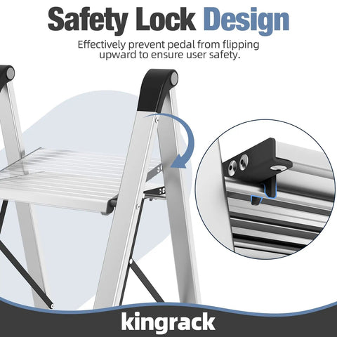 3 Step Aluminum Step Ladder Foldable For Home Use With Steel Frame Stable No Wobble Design Rust Resistant Coating 330 Lb Capacity Lightweight Yet Durable Perfect For Indoor Tasks And Quick Outdoor Fixes, safety lock detail