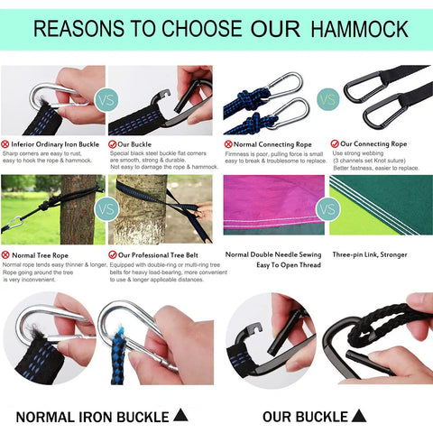 Comparison of buckles, ropes, and sewing details for Portable Campin Hammock For Single Or Double Use, 210D Nylon Swing