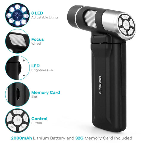 Pocket Sized 4 Inch Screen Digital Microscope 200x Zoom With 8 LED Lights For 1080P Photo And Video USB Microscope Camera For Adults And Kids Ages 8 To 12 Lightweight Handheld Kit With 32GB Memory, black handheld unit