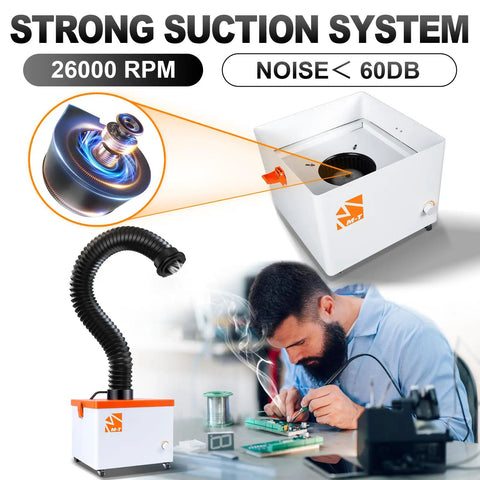 Hardcore Desktop Fume Extractor And Smoke Absorber with flexible hose for soldering, powerful suction, 26000 RPM, quiet operation.