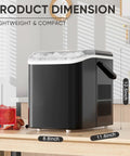 DUMOS black countertop ice maker with transparent ice bin on top and side vent; compact 11.6in wide by 8.8in deep.