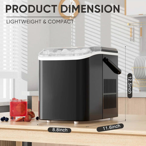 DUMOS black countertop ice maker with transparent ice bin on top and side vent; compact 11.6in wide by 8.8in deep.