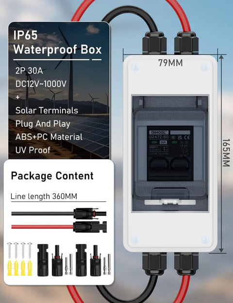 Heavy Duty Two Pole AC DC Disconnect Switch Box IP65 Weatherproof Battery Cutoff Isolator For Solar Panels showing dimensions and package contents.