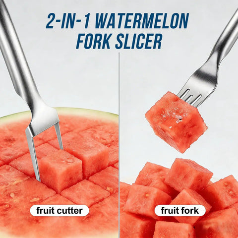 2 In 1 Watermelon Cutter And Serving Fork slicing and picking watermelon cubes, stainless steel fruit slicer for barbecues and picnics