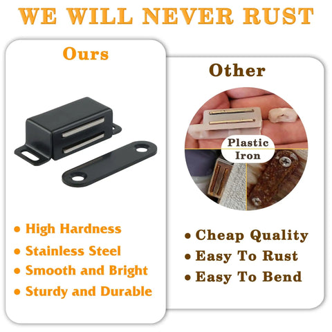Comparison of Stainless Steel Black Magnetic Cabinet Door Catch Set 4 Pack with low-quality plastic iron catch