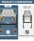 Industrial Grade Heavy Duty Expandable Conveyor Rollers Featuring 360 Degree Swivel Wheels And A Slick Twenty Inch Flexible Belt. Comparison of sizes.
