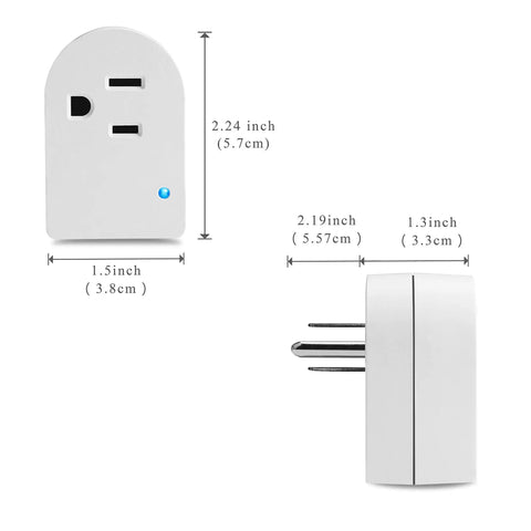 Surge Protector Wall Tap Outlet With Grounded Design And Blue Indicator Light 125V 245J ETL White Two Pack Easy Plug In For Home Electronics And Office Gear showing front and side view with dimensions.