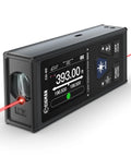 Professional Grade Rechargeable Dual Laser Distance Meter 393 Ft Range with display showing measurement and buttons.