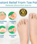 Toe Straightener Splint Pair For Hammer Toe Correction And Claw Toe Relief with alignment diagrams and foot view