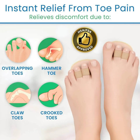 Toe Straightener Splint Pair For Hammer Toe Correction And Claw Toe Relief with alignment diagrams and foot view
