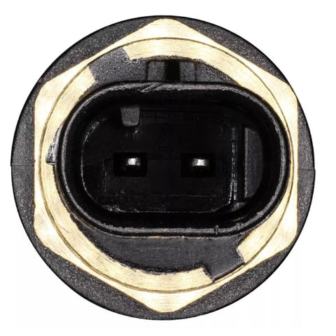 Engine coolant temperature sensor, front view with brass threaded body and black two-pin connector.