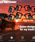 Rock Solid Heavy Duty Mounting Clamps For Truck Cap And Camper Shell Hardware Locks In Tight On The Road Fits Silverado Sierra Ram F150 8 Piece Kit In Sleek Black on a truck.