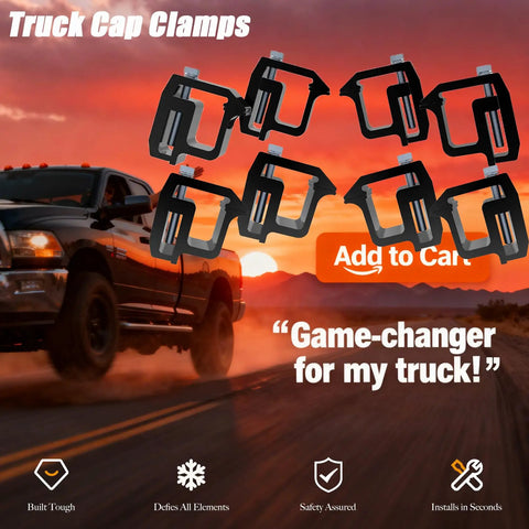 Rock Solid Heavy Duty Mounting Clamps For Truck Cap And Camper Shell Hardware Locks In Tight On The Road Fits Silverado Sierra Ram F150 8 Piece Kit In Sleek Black on a truck.