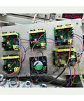 PCB driver boards set up for testing with wiring, part of High Power 40KHz Ultrasonic Cleaner Kit for PCB Driver Boards and Circuit Boards With 60W Transducer, Pro Grade Cleaning for Soldering Prep, Safe Degassing, and Ready-to-Build Board Pack.