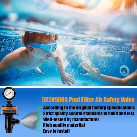 Katikies ARF-2 pool filter air relief valve with pressure gauge, shown on blue ad banner with valve illustration.