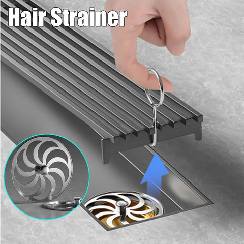 Pro Grade Stainless Steel Linear Shower Drain With Built In Hair Catcher And Weathered Bamboo Grate Cover showcased with hair strainer.