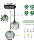 Modern 3-Light Hand-Blown Green Glass Pendant Lighting Chandelier with ribbed shades, adjustable cords, bulb types shown