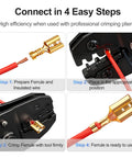 Gold Tone 2.8mm Spade Terminal Connectors, Female And Male Quick Splice Crimp, connection steps, crimping pliers shown