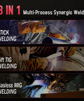 Hands performing stick, Lift TIG, and gasless MIG welding, showcasing the 140A 3 In 1 Portable Welding Machine For Flux Core MIG Stick And Lift TIG 110V.