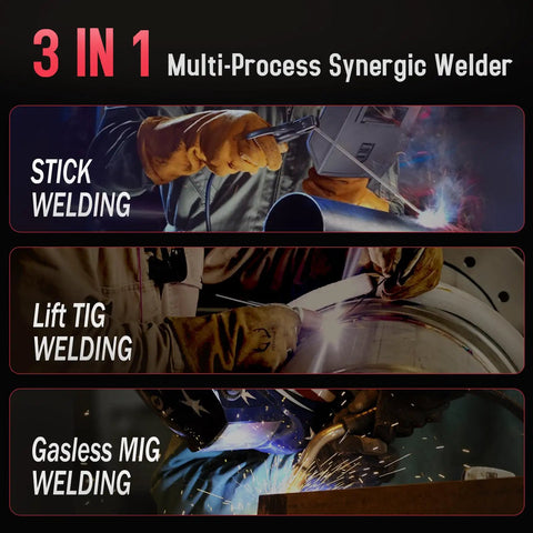 Hands performing stick, Lift TIG, and gasless MIG welding, showcasing the 140A 3 In 1 Portable Welding Machine For Flux Core MIG Stick And Lift TIG 110V.