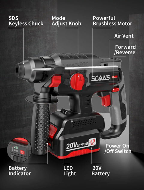 20V Brushless Cordless Rotary Hammer Drill With 4.0Ah Battery and Charger, featuring SDS chuck, LED light, and adjustable handle