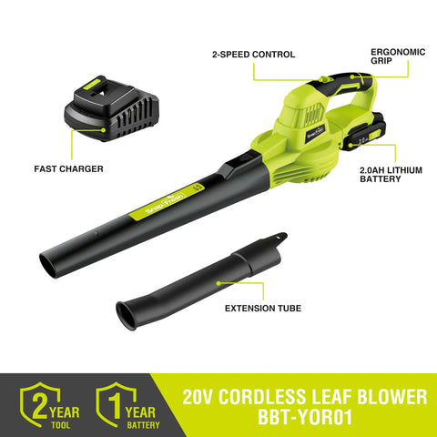 20V Cordless Leaf Blower With 2Ah Battery And Fast Charger Lightweight 2.7 Lb No Sweat One Hand Operation Two Speed Modes