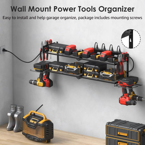 Heavy Duty Garage Tools Storage With Charging Station And Drill Holder Wall Rack Utility Shelf With Eight Outlet Power Strip