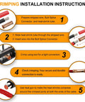 Crimping installation instructions for 0 Gauge Bare Copper Butt Splice Connectors Kit with visual steps 1 to 5.