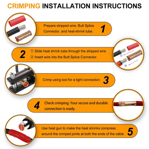 Crimping installation instructions for 0 Gauge Bare Copper Butt Splice Connectors Kit with visual steps 1 to 5.