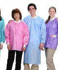 Group wearing disposable lab coats including Easy Breathe Cool And Strong No-Wrinkle Professional Disposable SMS Knee Length Lab Coat Teal Medium Pack Of 10 Built For Quick On Super Comfortable Fit Lightweight Anti-Static Fabric For Cleanroom Clinic And Lab Environments. Various colors and designs visible.