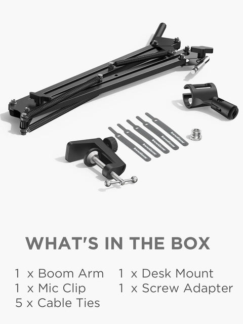 Free Position Mic Arm Boom Stand For Blue Yeti HyperX QuadCast Snowball Fifine Shure SM7B And More fully adjustable mic arm, desk mount, and accessories in black.
