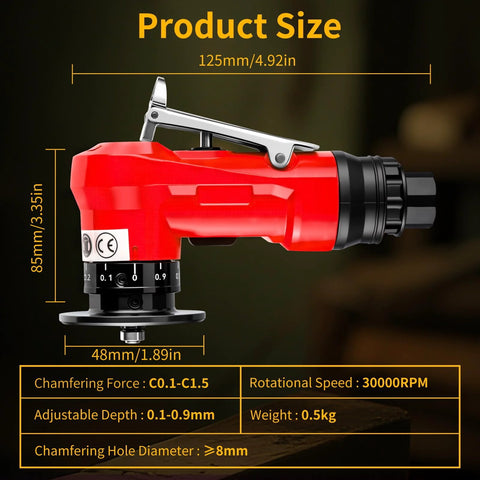 2-in-1 pneumatic chamfering tool, red, Amazon brand, front view with adjustable 0.1–0.9 mm depth and 30,000 RPM
