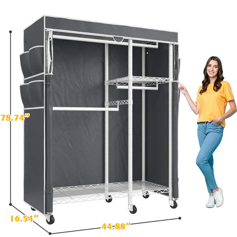 Straight Up Heavy Duty Rolling Clothes Rack With Removable Dust Cover Portable Closet Featuring Four Hanging Zones Adjustable Shelf And Smooth Gliding Wheels For Zero Hassle Storage