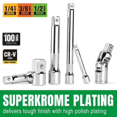 20 Piece Socket Extension Set With One Quarter Inch Drive, Three Eighth Inch Drive, And One Half Inch Drive, Swivel Universal Joints And Adapters
