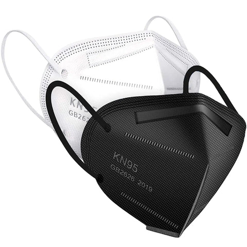 Black and white masks from KN95 Face Mask 100 Pack For Adults With Five Layer Breathable Filtration For All Day Indoor Outdoor Use.