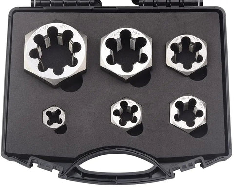 Six-Piece Carbon Steel NPT Pipe Hex Die Set For Right-Hand Rethreading, Heavy-Duty Kit With 1/8-27, 1/4-18, 3/8-18, 1/2-14, 3/4-14, 1-11 1/2, Includes Durable Plastic Storage Box