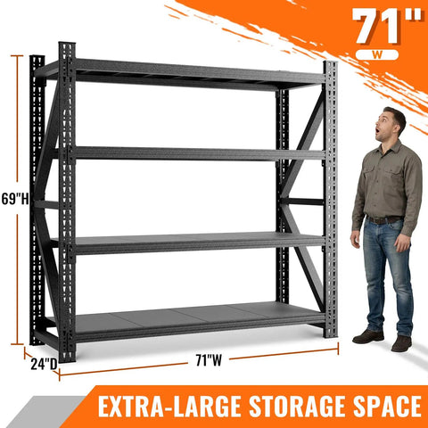 Beefy Heavy Duty Industrial Shelving Unit 71 Inch Wide 24 Inch Deep 69 Inch High 4 Tier Adjustable Metal Storage For Garage Warehouse Basement Shop And Office Commercial Grade, black steel rack