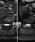 Before and after installation of Universal Deluxe PU Leather Car Seat Covers Full Set Premium Faux Leather, All Black.