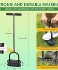 Lawn Aerator Tool With 15 Iron Spikes, adjustable handle, cushioned T-handle, and sturdy iron construction in use on grass